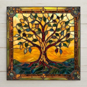 May include: A square stained glass panel featuring a central tree with a dark brown trunk and branches. The leaves are multicolored glass pieces in green, blue, red, and yellow. The background is a warm yellow, and the base is dark blue.
