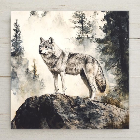 Audubon-Inspired Grey Wolf Ceramic Tile Art: Rustic Wildlife Decor for Nature Lovers' Cabin Walls