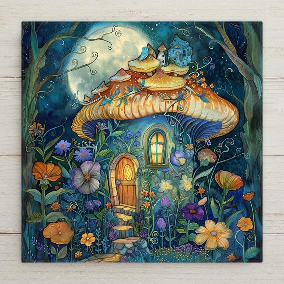 Mushroom Fairy House Art Stained Glass Style Ceramic Tile Cottage Home Wall Decor