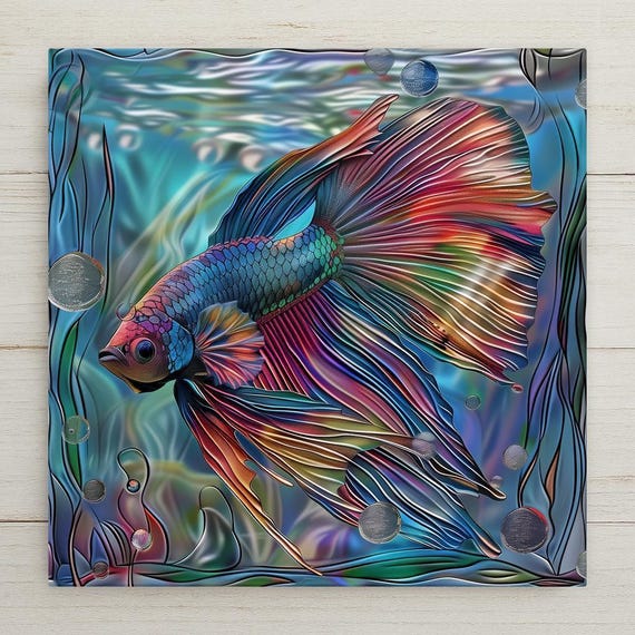 Handcrafted Betta Fish Ceramic Tile Art - Colorful Aquatic Wall Decor for Tropical Spa Bathroom