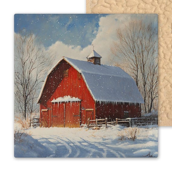 Winter Wonderland Red Barn Ceramic Tile: Rustic Farmhouse Snow Scene Wall Art for Country Christmas Decor