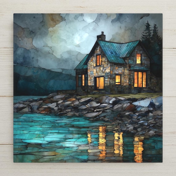 Coastal Cottage Ceramic Tile Wall Art – Stained Glass Style Moonlit Beach House, Calm Ocean Home Decor Gift