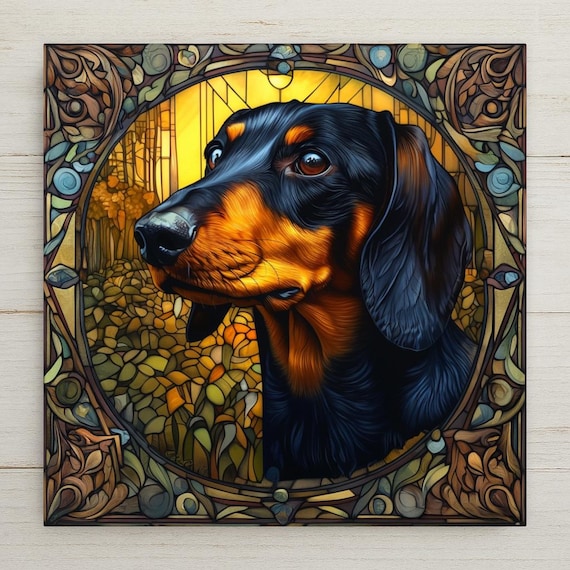 Art Nouveau Dachshund Tile: Mucha-Inspired Decor, Coaster, Trivet - Unique Pet Lover Gift