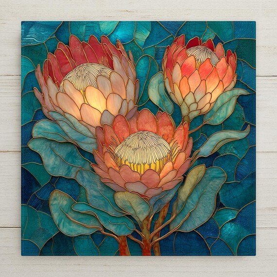 Protea Flower Trio Wall Art Ceramic Tile – Botanical Floral Wall Decor – Stained Glass Style Protea Home Decor – Tropical Nature Art Tile