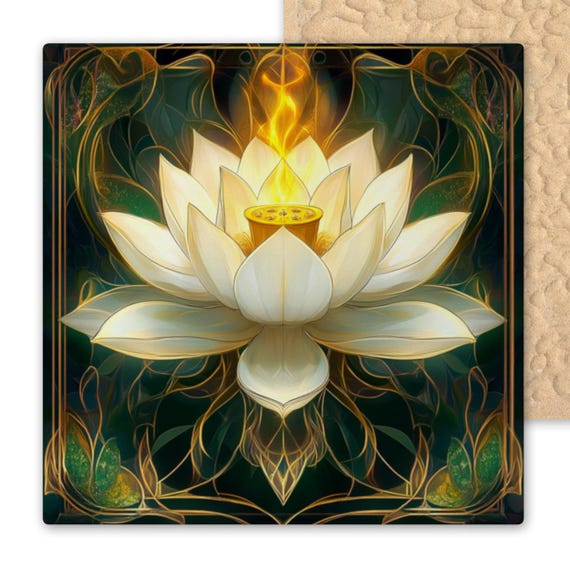 Art Nouveau Lotus Ceramic Tile: Mucha-Inspired Spiritual Yoga Meditation Wall Decor for Serene Home Accent