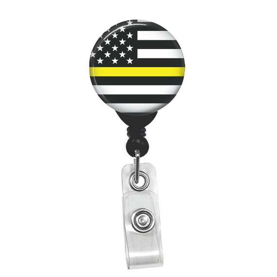 Yellow Line Support Badge Reel – Patriotic USA Flag ID Holder – Retractable Badge Clip – Security EMT Dispatch Badge Reel – American Pride