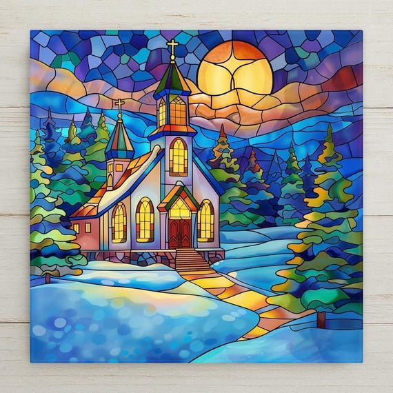 Stained Glass Winter Chapel Tile Art: Christmas Church Holiday Decor, Spiritual Gift, Seasonal Wall Hanging
