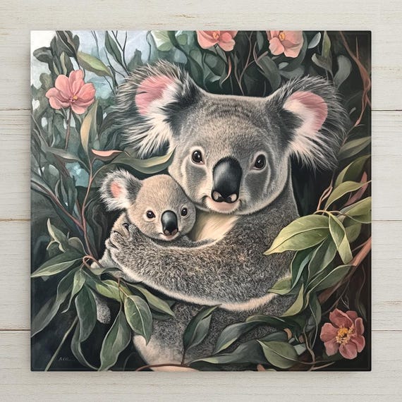 Koala Ceramic Tile Art: Mother and Baby Woodland Decor