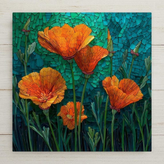 Vibrant California Poppy Ceramic Tile Art - Stained Glass Style Floral Wall Decor for Nature Enthusiasts