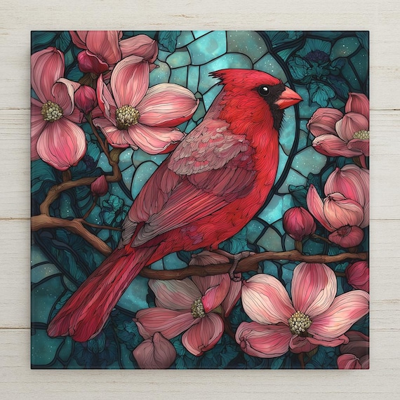 Red Cardinal Ceramic Tile Wall Art – Stained Glass Style Bird Decor, Nature Home Decor, Cottagecore Wall Decor, Gift Art Tile
