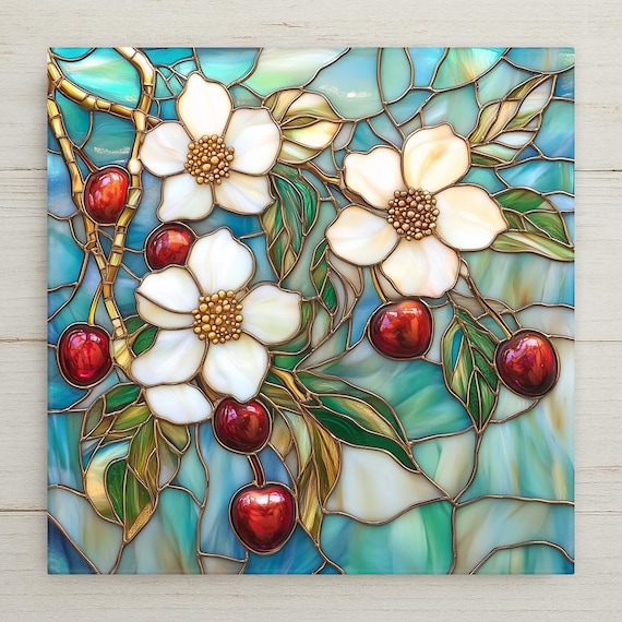 Stained Glass Look Cherry Tree Ceramic Tile - Botanical Kitchen Decor