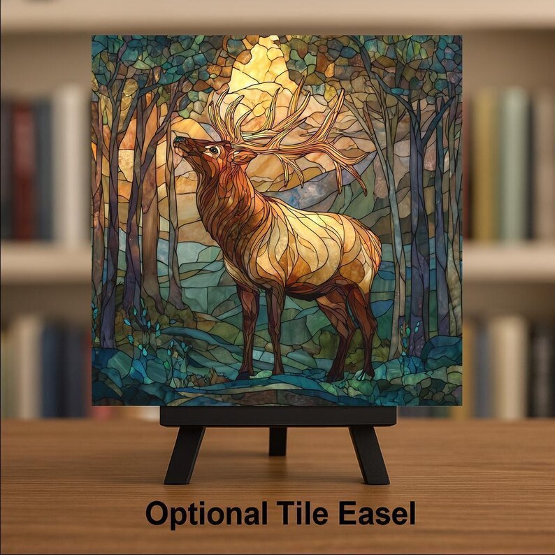 Azulejo de cerámica con diseño de alce para pared, regalo para amantes de la naturaleza, decoración rústica de cabaña, estilo vidriera, arte de la naturaleza, regalo para amantes de los alces. imagen 3