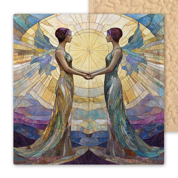 Gemini Zodiac Ceramic Tile Art: Stained Glass Inspired Wall Decor for May-June Birthdays & Astrology Lovers