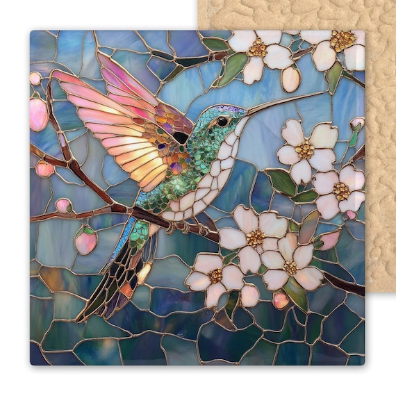 Elegant Blue Floral Hummingbird Ceramic Tile - Handmade Stained Glass Wall Art Nature Decor