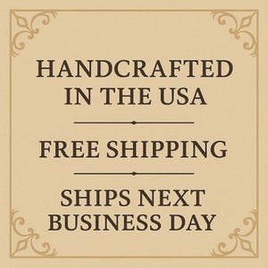The image is a sign advertising a product, specifically a handmade item, that is free shipping and will be available for business the next day.