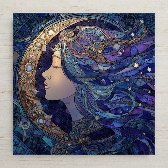 Moon Goddess Ceramic Tile Wall Art – Stained Glass Style Celestial Home Decor, Fantasy Artwork, Gift for Moon Lovers