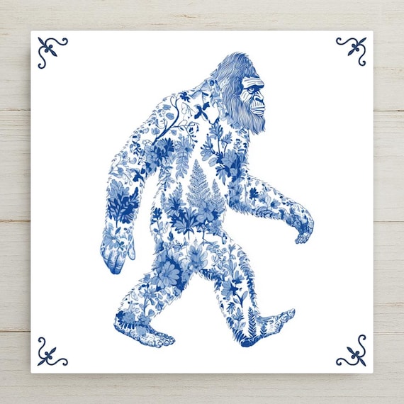 Whimsical Delft-Inspired Sasquatch Ceramic Tile Home Decor - Dutch Floral Bigfoot Wall Art for Folklore Enthusiasts