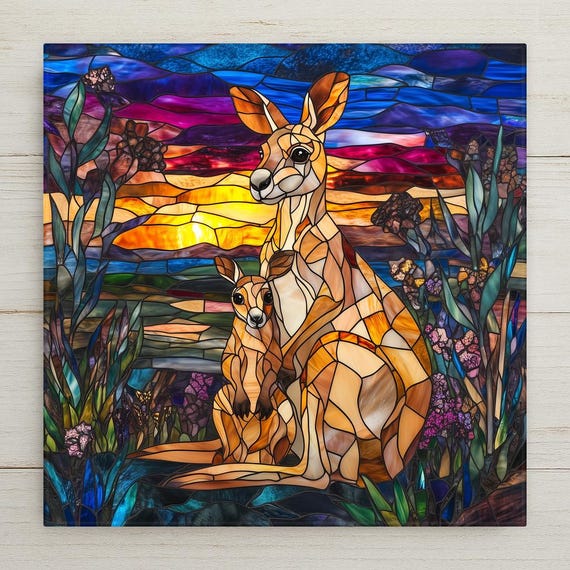 Kangaroo Wall Art Ceramic Tile Australia Gift Mother Baby Decor Wildlife Art Australian Gift Nature Tile