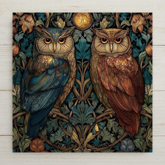 Stained Glass Style Owl Ceramic Tile Art: Moonlit Forest Decor