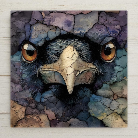 Raven Ceramic Tile Gothic Bird Wall Art Stained Glass Style Mystical Nature Decor Dark Academia Home Accent Decorative Tile