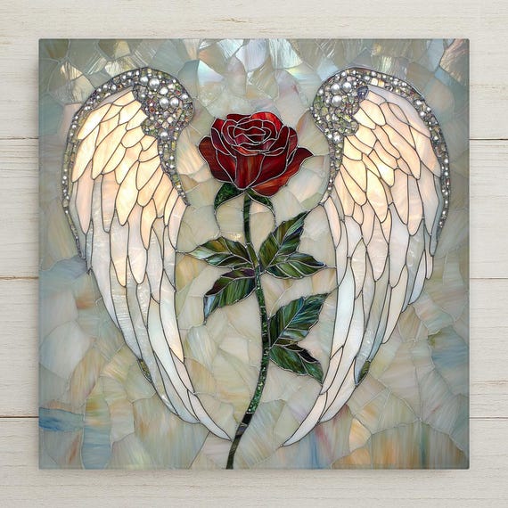 Stained Glass Angel Wings & Rose Tile Art: Memorial, Sympathy, Christian Decor, Remembrance Gift