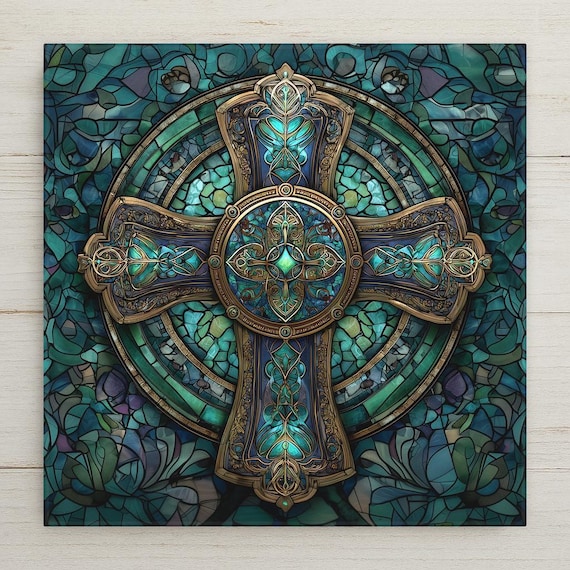 Celtic Cross Wall Art Ceramic Tile – Stained Glass Christian Cross Decor – Teal Religious Wall Decor – Faith Home Decor Gift