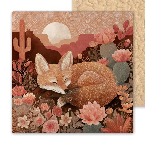 Desert Fox Ceramic Tile Art - Terracotta Sage and Dusty Rose Southwest Wall Decor - Sleeping Fox Tile for Boho Nature-Inspired Homes