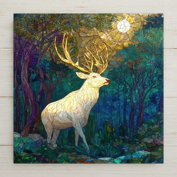 White Stag Ceramic Tile Wall Art – Stained Glass Forest Design, Nature Home Decor, Cabin Rustic Wall Decor Gift for Wildlife Lovers