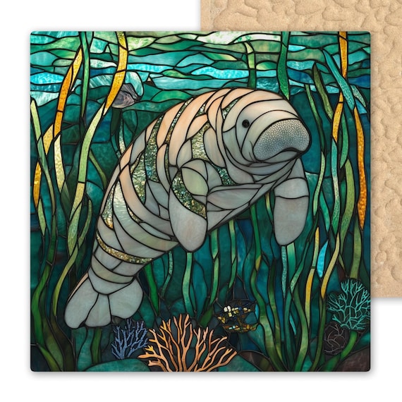 Handcrafted Manatee Ceramic Tile: Ocean-Inspired Stained Glass Wall Art for Coastal Home Decor