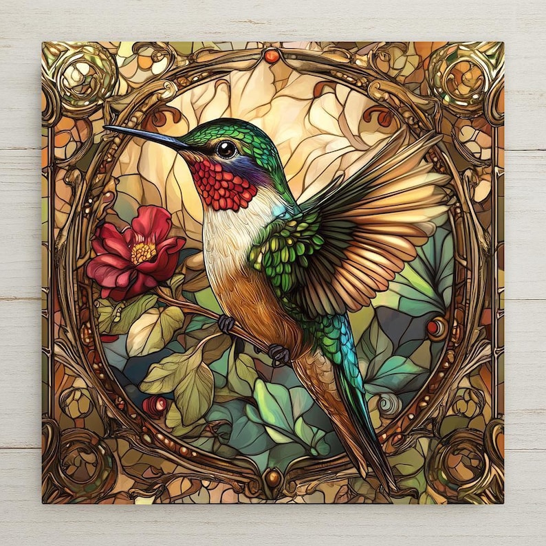 Vibrant hummingbird ceramic tile with stained glass floral style. Use as wall decor, coaster, or trivet. Optional hanger, stand, or cork backing available.