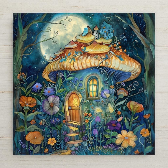 Mushroom Fairy House Art Stained Glass Style Ceramic Tile Cottage Home Wall Decor