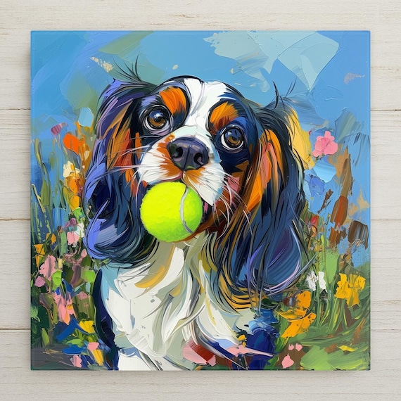 Cavalier King Charles Spaniel Ceramic Tile Wall Art Home Decor: Dog with Tennis Ball