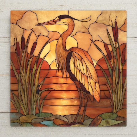 Stained Glass Style Golden Heron Ceramic Tile - Nature Inspired Sunset Wall Art for Coastal Home Decor
