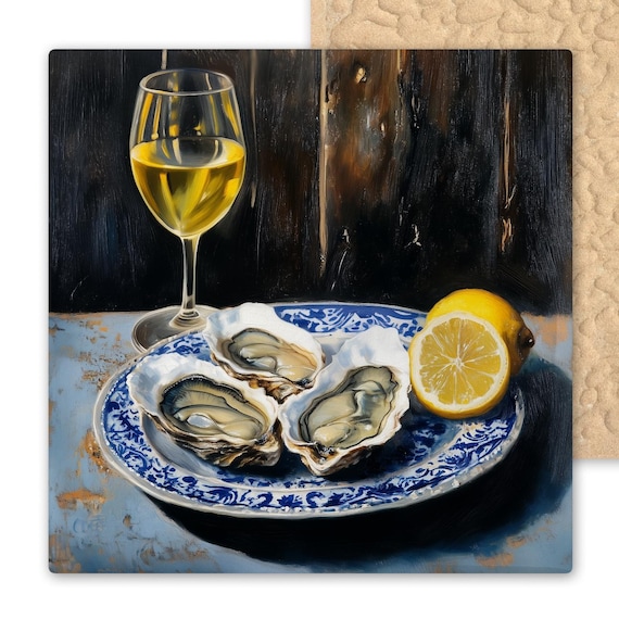 Vintage Seafood Still Life Ceramic Tile: Oysters & Wine Coastal Kitchen Wall Art Decor