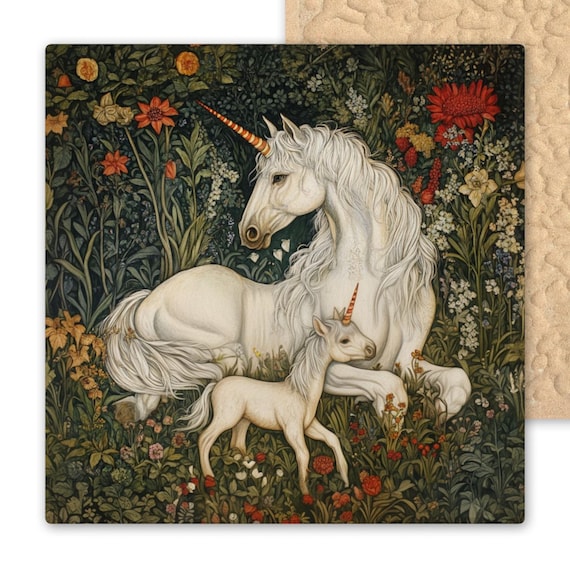 Woodland Baby Unicorn Ceramic Tile - William Morris Inspired Fantasy Art for Mythical Creature Lovers