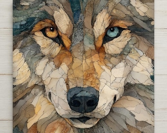 Wolf Wall Art Tile – Mosaic Style Wildlife Ceramic Home Decor with Intense Eyes, Rustic Cabin Accent, Nature Gift, Decorative Tile