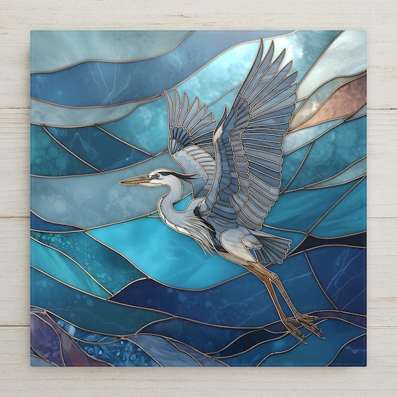 Great Blue Heron Coastal Wall Art Ceramic Tile – Stained Glass Ocean Bird Decor, Nautical Beach House Wall Decor, Seaside Wildlife Art