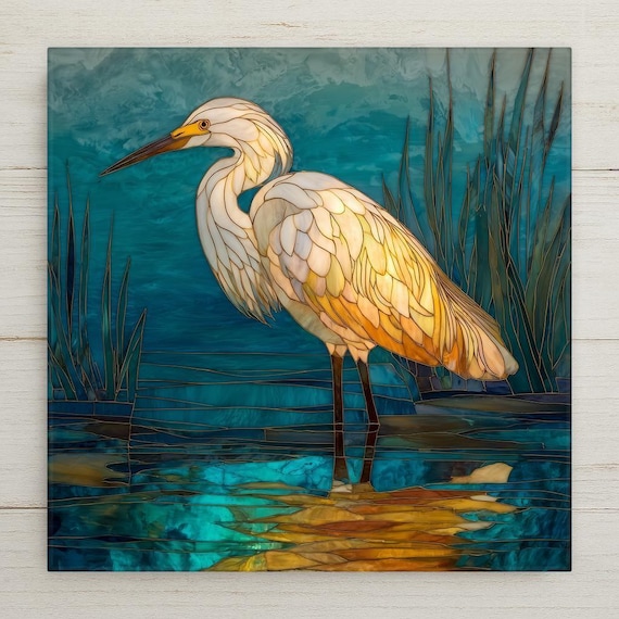 Egret Wall Art Ceramic Tile – Coastal Bird Decor, Stained Glass Marsh Wildlife Home Decor, Lake House Wall Decor