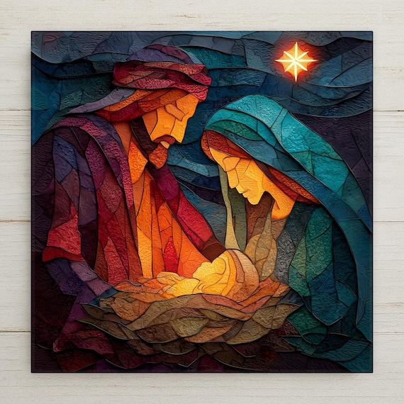 Holy Family Wall Art Ceramic Tile Stained Glass Style Christmas Gift Nativity Religious Memorial Decor