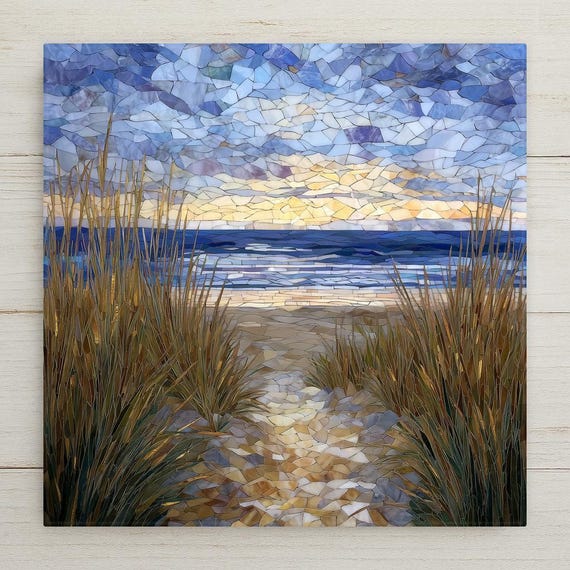 Cape Cod Beach Path Ceramic Tile Wall Art – Coastal Stained Glass Style Ocean Scene, Beach Decor Home Decor Gift