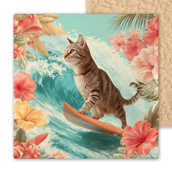 Surfing Cat Wall Art Ceramic Tile Stained Glass Style Tropical Hibiscus Flowers Ocean Wave Coastal Cottage Pet Lover Gift Beach House Decor