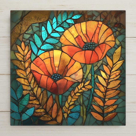 Orange Poppy Ceramic Tile Wall Art – Stained Glass Style Floral Wall Decor, Teal Gold Home Decor, Nature Gift for Garden Flower Lovers