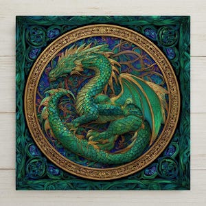 Celtic Dragon Wall Art Ceramic Tile Stained Glass Style Fantasy Knotwork Design Mythical Home Decor Gift