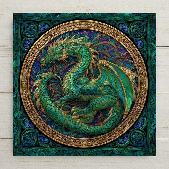 Celtic Dragon Ceramic Tile Wall Art - Stained Glass Fantasy Knotwork Design, Mythical Home Decor Gift