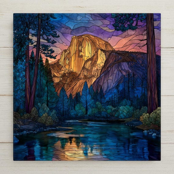 Yosemite Half Dome Stained Glass Style Ceramic Tile Wall Art - Mountain Landscape Nature Decor with Premium Frame Option