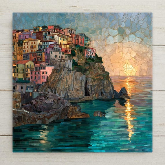 Manarola Cinque Terre Ceramic Tile Wall Art – Italian Coastal Village Sunset, Mosaic Style Italy Travel Decor, Mediterranean Home Art