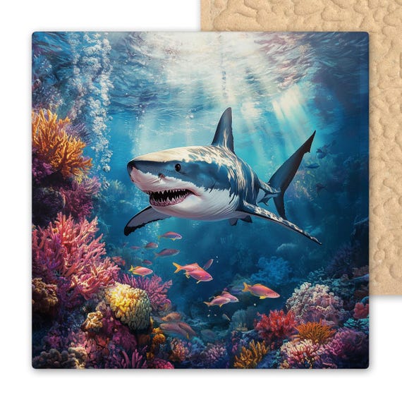 Great White Shark Ceramic Tile - Ocean Predator Bathroom Decor - Marine Wildlife Wall Art Trivet