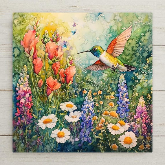 Whimsical Hummingbird Watercolor Ceramic Tile: Wildflower Garden Wall Art for Nature Lovers' Home Decor