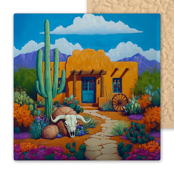 Desert Southwest Adobe House Ceramic Tile Arizona New Mexico Art Mexican Wall Decor Wagon Wheel  Home Decor Art Wall Art Trivet Coaster