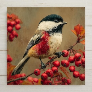 May include: A small bird with a black cap, white cheeks, and a vibrant red chest perched on a thin branch. The bird is surrounded by clusters of bright red berries and autumn-colored leaves against a soft, muted brown background.